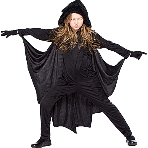 TYHTYM Kinder Halloween Fledermaus Kostüm für Jungen und Mädchen, Schwarz Fledermausflügel mit Kapuze und Umhang, Verkleidung Halloween Party 3-13 Jahre von TYHTYM