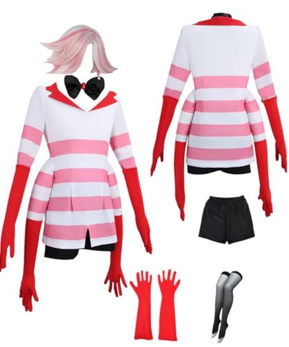 TYRHDJZQ Anime Weiß Rosa Gestreiftes Shirt Damen Kostüm Outfit Halloween (Angel Dust, US(L)) von TYRHDJZQ