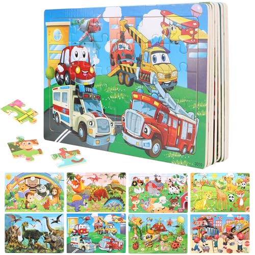 Holz Puzzle Kinder 8 Stück Kinderpuzzle 30 Teile Puzzle Auto Tier Dinosaurier Gehirntraining Spielzeug für Kinder im Vorschulalter Lernspielzeug Puzzle für Kinder ab 3 Jahren von TYSM-CC