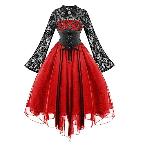 Neckholder Kleid Damen Gothic Einfarbig Abendkleid Spitze Spleißen Ballkleid Chiffon Swing Cocktailkleid Halloween Kostüm Renaissance Tunika Kleider Festliche Steampunk Abendkleider von TYUNBD