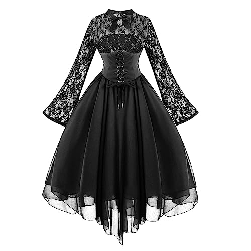 Neckholder Kleid Damen Gothic Einfarbig Abendkleid Spitze Spleißen Ballkleid Chiffon Swing Cocktailkleid Halloween Kostüm Renaissance Tunika Kleider Festliche Steampunk Abendkleider von TYUNBD