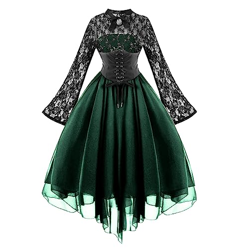 Neckholder Kleid Damen Gothic Einfarbig Abendkleid Spitze Spleißen Ballkleid Chiffon Swing Cocktailkleid Halloween Kostüm Renaissance Tunika Kleider Festliche Steampunk Abendkleider von TYUNBD