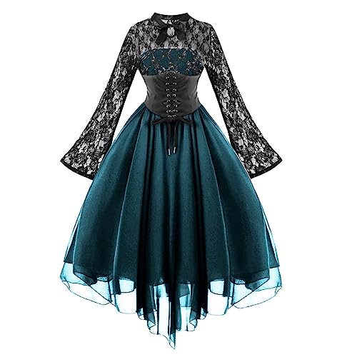 Neckholder Kleid Damen Gothic Einfarbig Abendkleid Spitze Spleißen Ballkleid Chiffon Swing Cocktailkleid Halloween Kostüm Renaissance Tunika Kleider Festliche Steampunk Abendkleider von TYUNBD