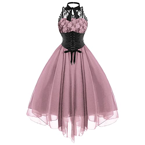 TYUNBD Abendkleider Damen Gothic Partykleid mit Korsett Spitze Spleißen Ballkleid Chiffon Kleider A Linie Cocktailkleid Neckholder Tunikakleid Vintage Kostüme Renaissance Mittelalter Kostüm von TYUNBD