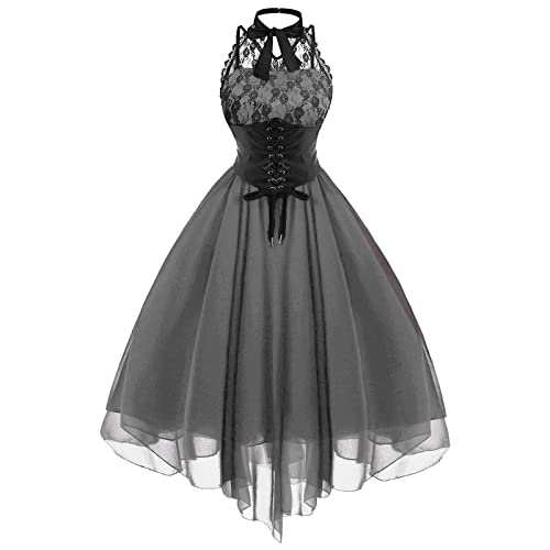 TYUNBD Abendkleider Damen Gothic Partykleid mit Korsett Spitze Spleißen Ballkleid Chiffon Kleider A Linie Cocktailkleid Neckholder Tunikakleid Vintage Kostüme Renaissance Mittelalter Kostüm von TYUNBD