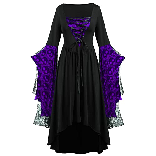 TYUNBD Damen Halloween Kleid Mittelalter Kleid Totenkopf Spitzendruck Riemen Cocktailkleid Fledermausärmel Retro Kleider mit Ärmeln Knielangem V Ausschnitt Gothic Kleidung Mode Halloween Kostüm von TYUNBD