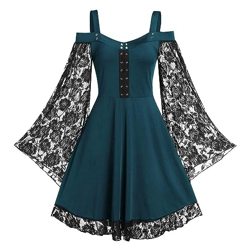 TYUNBD Damen Mittelalter Kleidung Gothic Vintage Kleid Übergröße Mesh Spitze Langarm Halloween Cosplay Party Kleider Casual Bequem Partykleid Retro Maxikleid Baggy Weich Paillettenkleid von TYUNBD