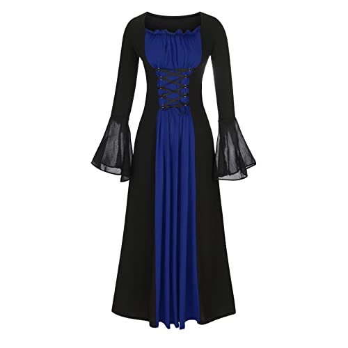 TYUNBD Damen Renaissance Kostüm Mittelalterliches Kleid mit Trompetenärmel Gothic Kleidung Halloween Maxikleid Karneval Langes Festliches Hexenkostüm Halloween Karnevalkostüm von TYUNBD