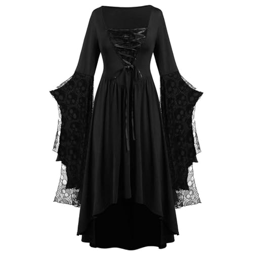 TYUNBD Damen Vintage Halloween Totenkopf Maxikleider Lässig Locker Mode Spitzenkleid Retro Spitze Batwing Tunikakleid Langarm Bandage Langes Kleid Casual Klassische Ballkleider Partykleid von TYUNBD