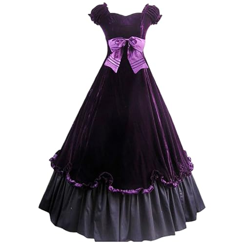 TYUNBD Gothic Kleidung Damen Halloween Kostüm V Ausschnitt Kurzarm Langes Kleid Ballkleid Vintage Kostüm Renaissance Kleider Retro Partykleid Cocktailkleid Elegant Steampunk Fit Cocktailkleid von TYUNBD