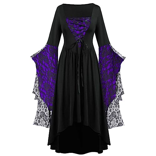 TYUNBD Gothic Kleidung Damen Vintage Größen Abendkleid Goth Totenkopf Spitze Patchwork Ballkleid Cocktailkleid mit Fledermausärmeln Mittelalter Kleid Unregelmäßigem Saum Partykleid Gerichtsrock von TYUNBD