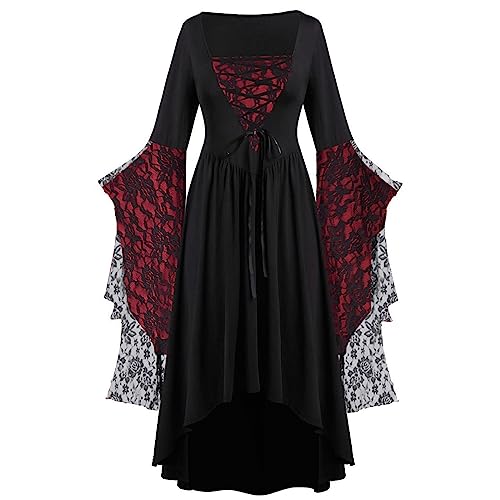 TYUNBD Gothic Kleidung Damen Vintage Größen Abendkleid Goth Totenkopf Spitze Patchwork Ballkleid Cocktailkleid mit Fledermausärmeln Mittelalter Kleid Unregelmäßigem Saum Partykleid Gerichtsrock von TYUNBD