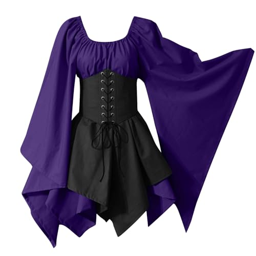 TYUNBD Halloween Damen Renaissance Kostüm Halloween Gothic Oberteil Mittelalter Cosplay Karneval Kleider Halloween Party Prinzessin Partykleid Fasching Vintage A-Linien Rüschenkleid von TYUNBD