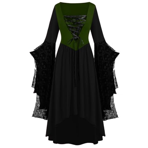 TYUNBD Halloween Kostüm Damen Gothic Kleid Schädel Schnüren Trompetenärmel Kleidung Mittelalter Festlich Kleid Hexenkleid Cosplay Partykleid Karneval Hoftracht Vintage Hexenkostüm von TYUNBD