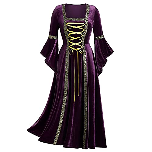 TYUNBD Halloween Kostüm Damen Kleider Hexenkostüm Mittelalter Kleidung für Frauen Goldener Samt Trompetenärmel Retro Kostüm Renaissance Kleid Partykleid Vintage Clothes Leicht Cocktailkleid von TYUNBD