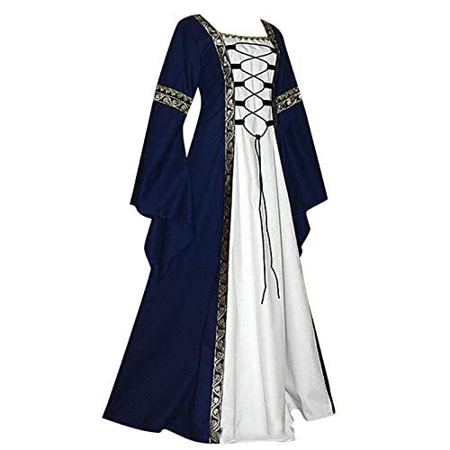 TYUNBD Karneval Kostüm Damen Faschingskostüme Mittelalter Kleidung Halloween Einfarbiges Prinzessinnenkleid Retro Stil Kleid mit Glockenärmeln Cosplay Halloween Maxikleid Partykleid von TYUNBD