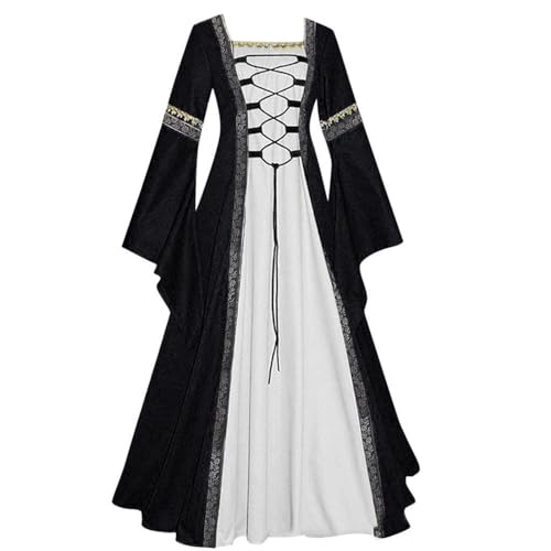 TYUNBD Karneval Kostüm Damen Faschingskostüme Mittelalter Kleidung Halloween Einfarbiges Prinzessinnenkleid Retro Stil Kleid mit Glockenärmeln Cosplay Halloween Maxikleid Partykleid von TYUNBD