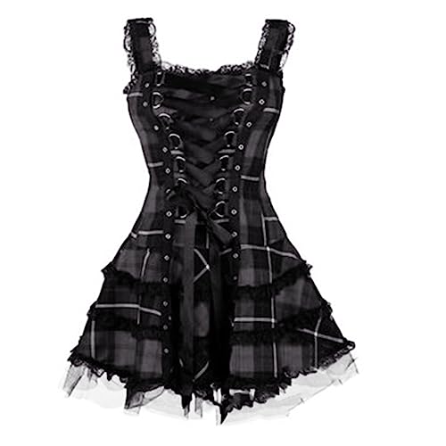 TYUNBD Mittelalter Damen Kleid mit Korsett Bedrucktes ärmelloses Kleider Spitze Mesh Ballkleider Karomuster Gothic Retro Korsett Spitzenkleid Bauchweg Enge Partykleid Cocktailkleid von TYUNBD