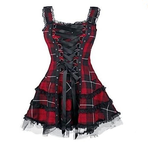 TYUNBD Mittelalter Damen Kleid mit Korsett Bedrucktes ärmelloses Kleider Spitze Mesh Ballkleider Karomuster Gothic Retro Korsett Spitzenkleid Bauchweg Enge Partykleid Cocktailkleid von TYUNBD