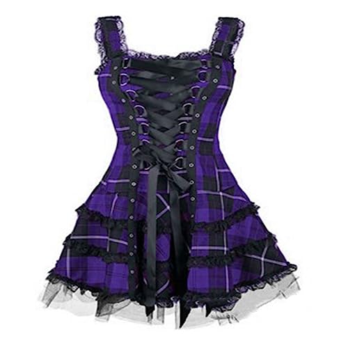 TYUNBD Mittelalter Damen Kleid mit Korsett Bedrucktes ärmelloses Kleider Spitze Mesh Ballkleider Karomuster Gothic Retro Korsett Spitzenkleid Bauchweg Enge Partykleid Cocktailkleid von TYUNBD