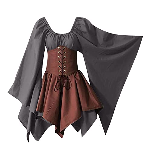 TYUNBD Mittelalter Kleid Damen Halloween Fantasy Kostüm Renaissance Taillenformung Langarm Kleider mit Rundhalsausschnitt Gothic Kleidung Vintage Prinzessin Palastkleid Bequem Maxikleid von TYUNBD