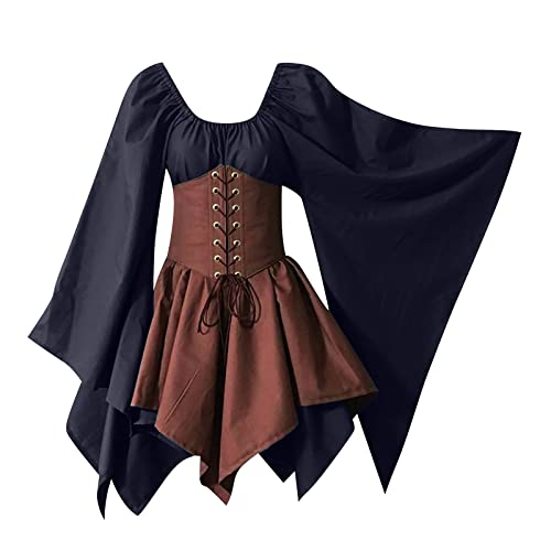 TYUNBD Mittelalter Kleid Damen Halloween Fantasy Kostüm Renaissance Taillenformung Langarm Kleider mit Rundhalsausschnitt Gothic Kleidung Vintage Prinzessin Palastkleid Bequem Maxikleid von TYUNBD