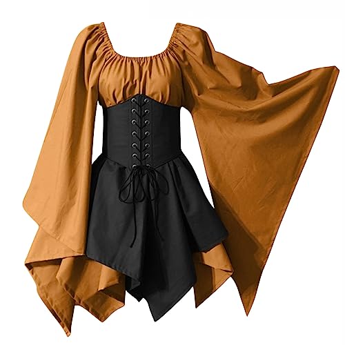 TYUNBD Mittelalter Kleid Damen Renaissance eine Schulter Hoftracht Kostüme Kleid Trompetenärmel Gothic Retro Halloween Partykleid Fasching Einfarbig Vintage Maxikleid Renaissance Cosplay Kostüm von TYUNBD