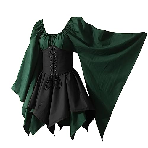 TYUNBD Mittelalter Kleid Damen Renaissance eine Schulter Hoftracht Kostüme Kleid Trompetenärmel Gothic Retro Halloween Partykleid Fasching Einfarbig Vintage Maxikleid Renaissance Cosplay Kostüm von TYUNBD