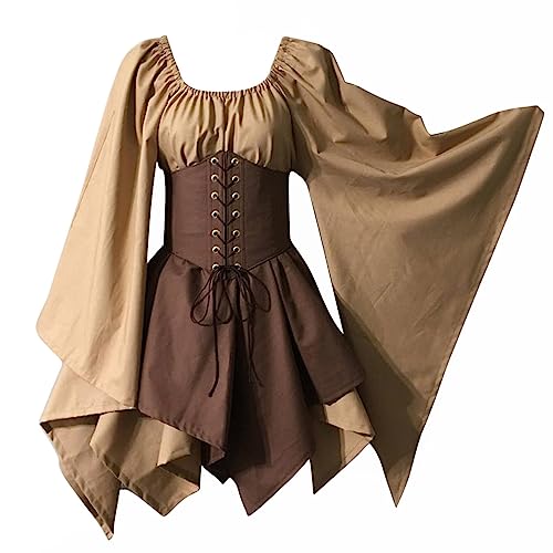 TYUNBD Mittelalter Kleid Damen Renaissance eine Schulter Hoftracht Kostüme Kleid Trompetenärmel Gothic Retro Halloween Partykleid Fasching Einfarbig Vintage Maxikleid Renaissance Cosplay Kostüm von TYUNBD