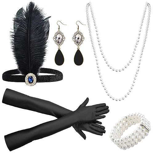 TYXHXTF 20er Jahre Accessoires, 20er Jahre Zubehör Set, Great Gatsby Accessoires, 1920er Accessoires Damen, mit Stirnband Handschuhen Halskette Armband Ohrringen von TYXHXTF