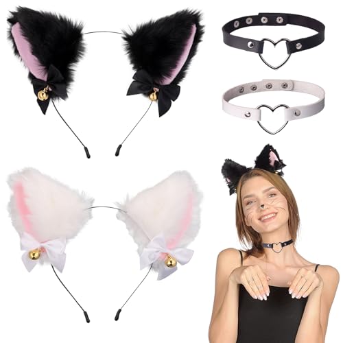 TYXHXTF 4 Stück Katzenohren Haarreif, Fuchs Ears, Plüsch Stirnband mit Glöckchen, Niedlich Haarschmuck mit Halskette, Anime Katze Cosplay, Kostüm Party Zubehör von TYXHXTF