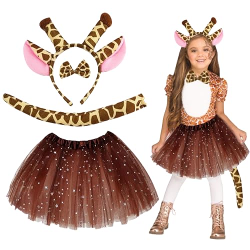 TYXHXTF 4 Tlg Giraffen Kostüm für Kinder, Tier Schwanz Fliege mit Tutu,Giraffenohr Stirnband, Dschungel Tierkostüm für Karneval Halloween Geburtstag Mottoparty von TYXHXTF