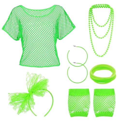 TYXHXTF 80er 90er Jahre Outfit Damen, Netzshirt, Netzhandschuhe, Stirnband, Halskette, Armband, Ohrring, Retro Accessoires Kostüm Set, für Karneval Party von TYXHXTF