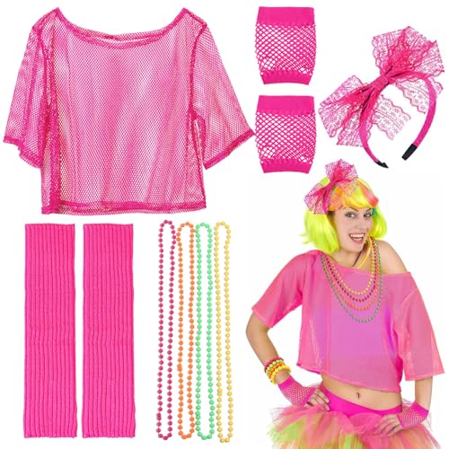 TYXHXTF 80er 90er Jahre Outfit Damen, Netzshirt, Netzhandschuhe, Stirnband, Halskette, Beinstulpen, Accessoires Kostüm Set Retro, für Karneval Party von TYXHXTF