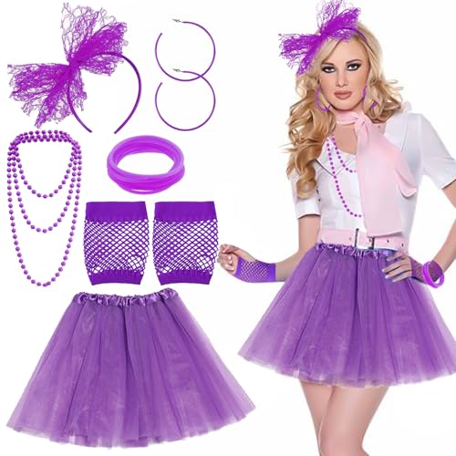 TYXHXTF 80er Jahre Outfit Damen Set, Netzgarnrock, Netzhandschuhe, Stirnband, Halskette, Armband, Ohrring, Neon Retro Accessoires Kostüm Karneval Party von TYXHXTF