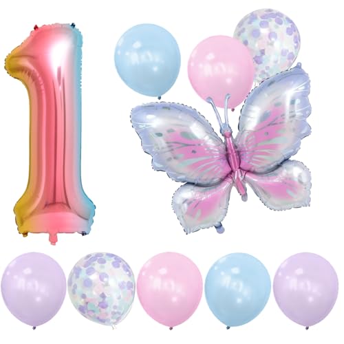 TYXHXTF Luftballon Regenbogen Gradient Zahl 1, 40 Zoll Schmetterling Geburtstag Deko, 1 Geburtstag Junge Mädchen Babyparty Geburtstagsdeko Jubiläumsparty Dekoration von TYXHXTF