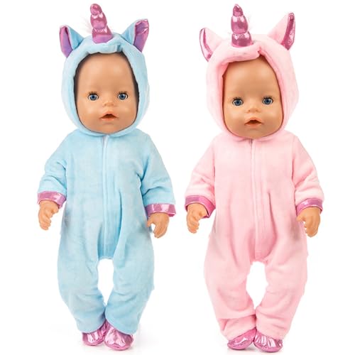 TYXHXTF Puppenkleidung 45 cm für Baby Puppen, Puppe Zubehör mit Baby Langarm Bodys, Hut, Mantel (Rosa + Blau (Einhorn)) von TYXHXTF