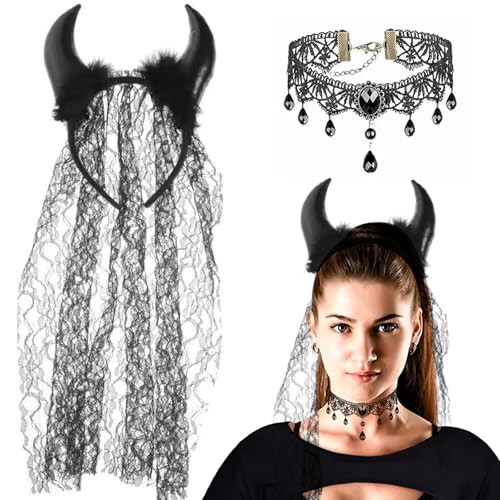 TYXHXTF Teufel Hörner Haarreif, Schwarz, Halloween Haarschmuck Teufelshörner Stirnband mit Schleier Spitze Party Kopfschmuck, für Damen Mädchen Karneval Cosplay (mit Halskette) von TYXHXTF