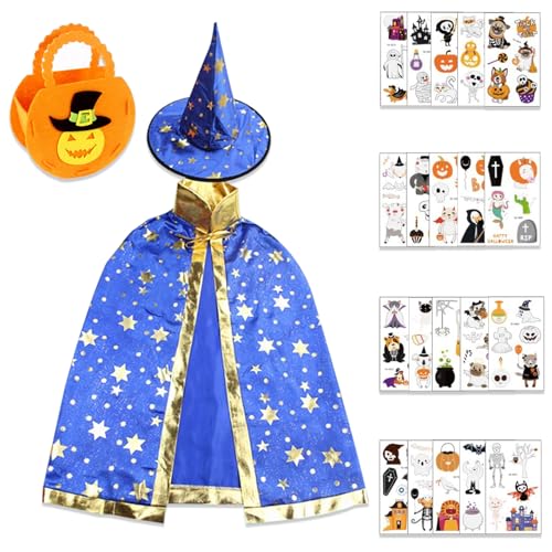 TYXHXTF Zauberer Umhang mit Hut, Kinder Halloween Kostüm, Kinder Kostüm mit Kürbis Candy Bag, Wizard Cape und 20PCS Halloween-Aufkleber, Zauberer Kostüm Kinder, für Kinder Halloween Cosplay Party von TYXHXTF