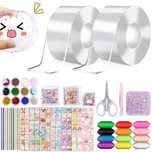 TZEKING 63 Stücke Nano Tape Bubbles Set,2 Tape(5cmx3m)+61 Deluxe Materialpakete,DIY Craft Blow Bubbles,Elastische Blase Ballons,Traceless Adhesive Nano Tape für Making Bubbles mit Pailletten Aufkleber von TZEKING