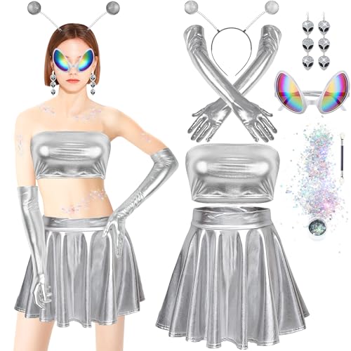 TZEKING Alien Kostüm Set,7 Stück Alien Kostüm Space Girl Kostüm Damen,Metallisch Crop Top+Metallischer Faltenrock+Alien Haarreif+Alien Brille+Alien Ohrringe+Metallic Handschuhe,für Karneval Mottoparty von TZEKING