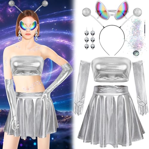 TZEKING Alien Kostüm Set,7 Stück Alien Kostüm Space Girl Kostüm Damen,Metallisch Crop Top+Metallischer Faltenrock+Alien Haarreif+Alien Brille+Alien Ohrringe+Metallic Handschuhe,für Karneval Mottoparty von TZEKING