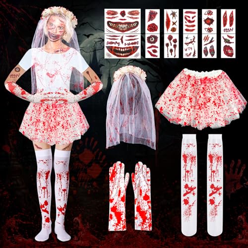 TZEKING Halloween Blut Kostüm Deko Set,16 Stück Halloween Kostüm Accessoire,Blutiger Brautschleier mit Rosen,Blutige Knie-Strümpfe,Tutu-Röcken, Handschuhen,Gesicht Tattoos,Tattoo-Aufkleber,Horror Deko von TZEKING