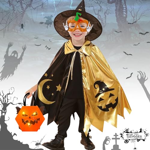 TZEKING Halloween Kostüm Kinder,Kinder Halloween Umhange,Zauberer Cape und Hut Kinder,Kürbis Candy Bag,Witch Umhang Kinder,Halloween Hexe Umhang,Hexe Zauberer Umhang für Halloween-Kostümpartys,Cosplay von TZEKING