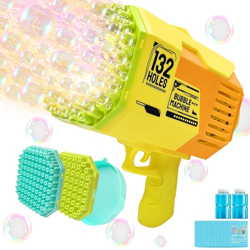 TZEKING Seifenblasenpistole,132+73 Löcher Seifenblasenmaschine für Kinder,Seifenblasenmacher mit Licht,Bubble Machine Automatische,Gatling Bubble Machine,Bubble Gun,Seifenblasenmaschine Gun Kinder von TZEKING