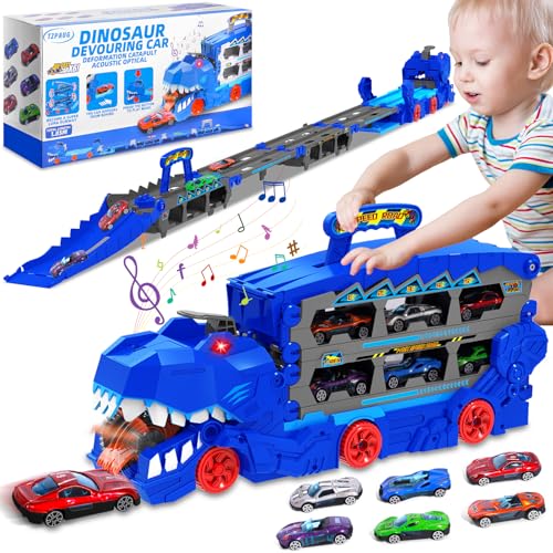 Dinosaurier Transport Truck Auto Spielzeug, tragbare Dinosaurier Rennstrecke Truck Spielzeug mit 6 Rennwagen, Dinosaurier Transporter Spielzeug ab 3, 4, 5, 6,7,8 Jahre Junge von TZPAUG