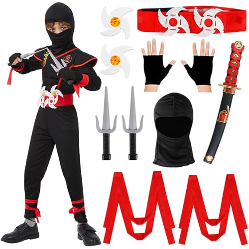 TZPAUG 14PCS Kinderkostüm Ninja Set, Ninja Kostüm Junge & Mädchen Halloween Luxus Kostüm Drache Ninja Muskel Kostüm mit Ninja Schaum Zubehör Beste Kinder Geschenke（L） von TZPAUG