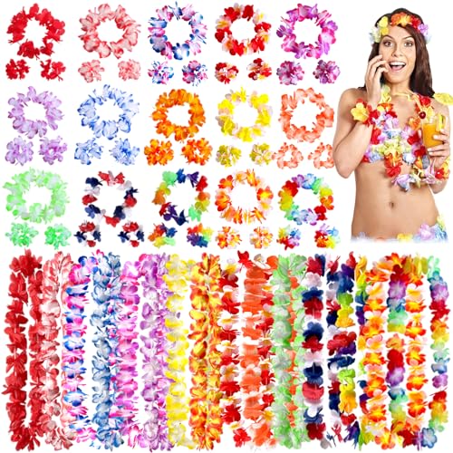 TZPAUG 60 Stück Bunten Hawaiiketten Hawaii Blumenketten mit Halsketten, Elastischen Stirnbänder und Armbänder ür tropische Motto-Partys Dekorationen Strand Party Dekor von TZPAUG