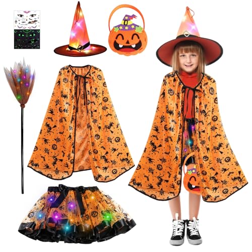 Hexe Kostüm Mädchen HexeKostüm Kinder mit Lichter Halloween Umhang Kinder mit Hexe Tutu Rock, Hexenhut, Tasche und Hexenbesen Mädchen Hexe Cosplay Kostüm für Halloween Fasching Karneval Party Hexe Kostüm Mädchen HexeKostüm Kinder mit Lichter Halloween Umhang Kinder mit Hexe Tutu Rock, Hexenhut, Tasche und Hexenbesen Mädchen Hexe Cosplay Kostüm für Halloween Fasching Karneval Party von TZQFROCE