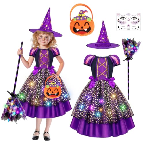 Hexenkostüm für Mädchen Hexe Kostüm Kinder mit Lichter Halloween Kostüm Kinder mit Hexenhut, Tasche und Hexenbesen Kind-er Hexe Verkleidung Mädchen Halloween Fasching Karneval Party Bekleidung Hexenkostüm für Mädchen Hexe Kostüm Kinder mit Lichter Halloween Kostüm Kinder mit Hexenhut, Tasche und Hexenbesen Kind-er Hexe Verkleidung Mädchen Halloween Fasching Karneval Party Bekleidung von TZQFROCE